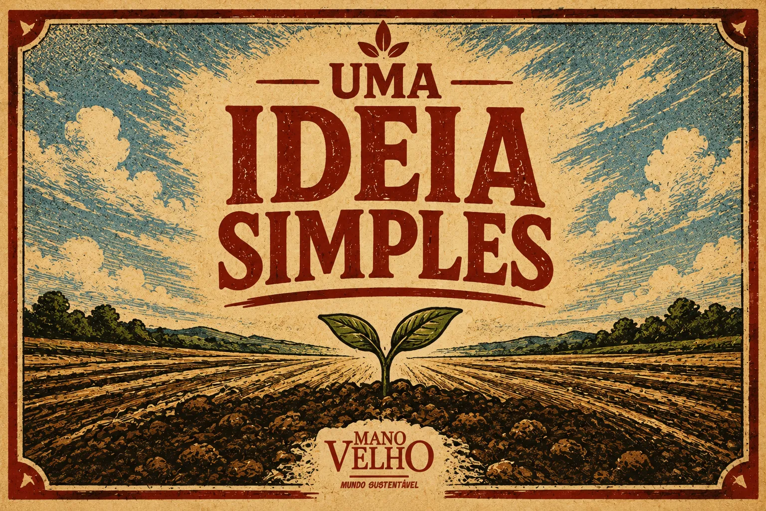 Uma ideia simples: uma muda brotando na terra arada do Cerrado, sob o céu aberto, com a marca Mano Velho — Mundo Sustentável.