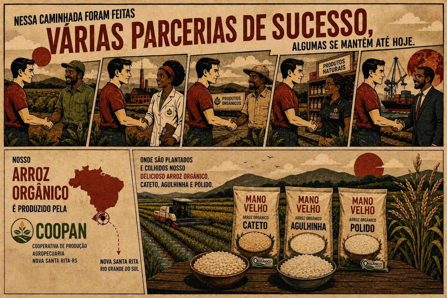 Várias parcerias de sucesso ao longo do caminho — produtores, técnicos, lojistas e exportadores. O arroz orgânico cateto, agulhinha e polido é produzido pela COOPAN, cooperativa de Nova Santa Rita, no Rio Grande do Sul.